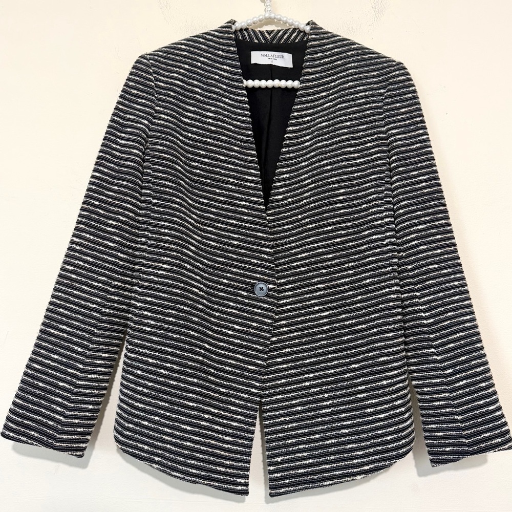 MM Lafleur Black & White Striped Wharton Blazer Jacket SIZE 2 - Picture 3 of 7